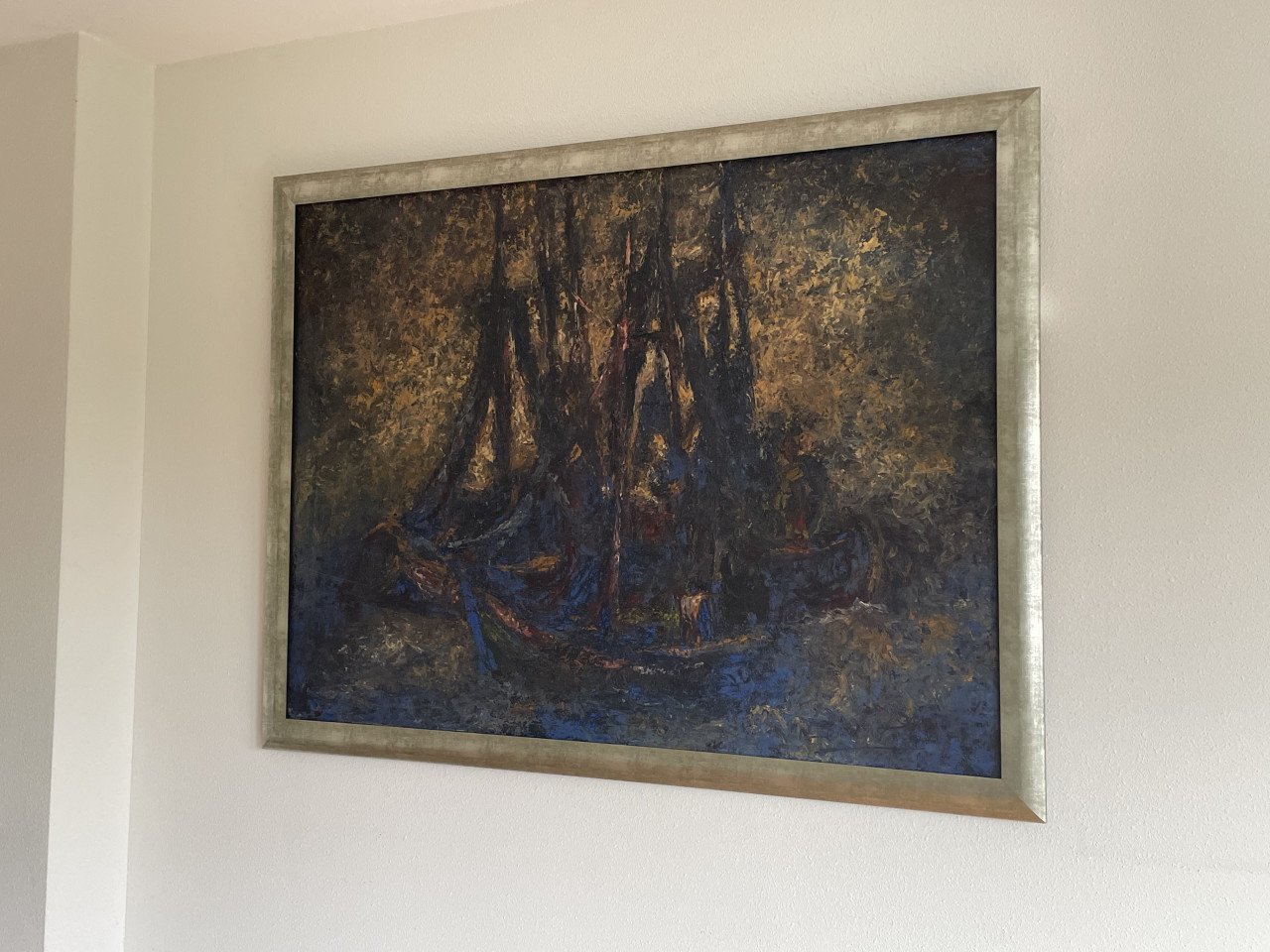 Schilderij vissersboten met drogende netten Bram Pihl