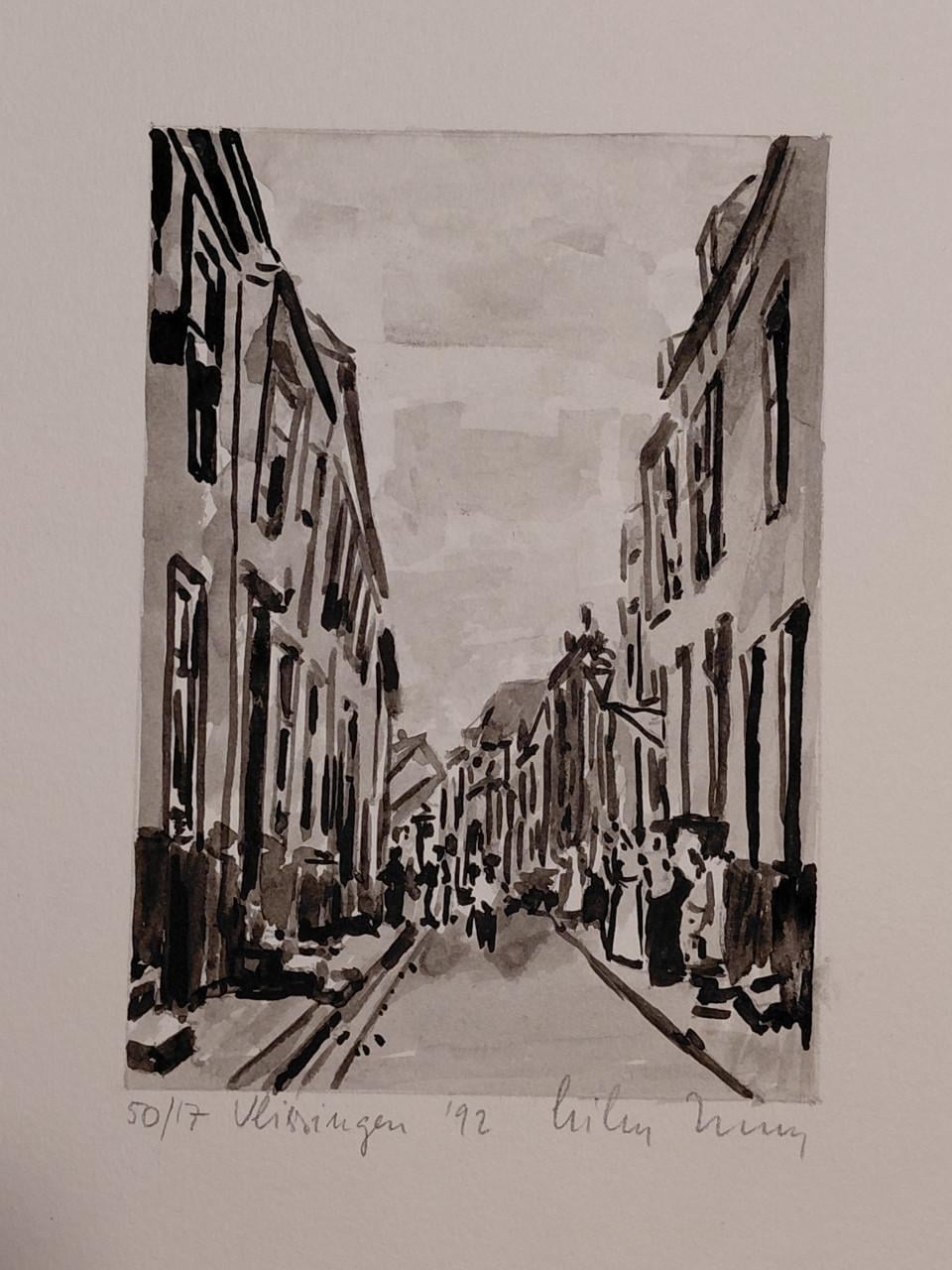 Klein aquarel van Vlissingen. Naam tekenaar niet leesbaar.. 50/17 '92