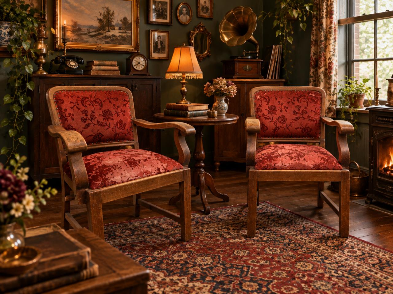 Twee vintage massief eikenhouten armstoelen