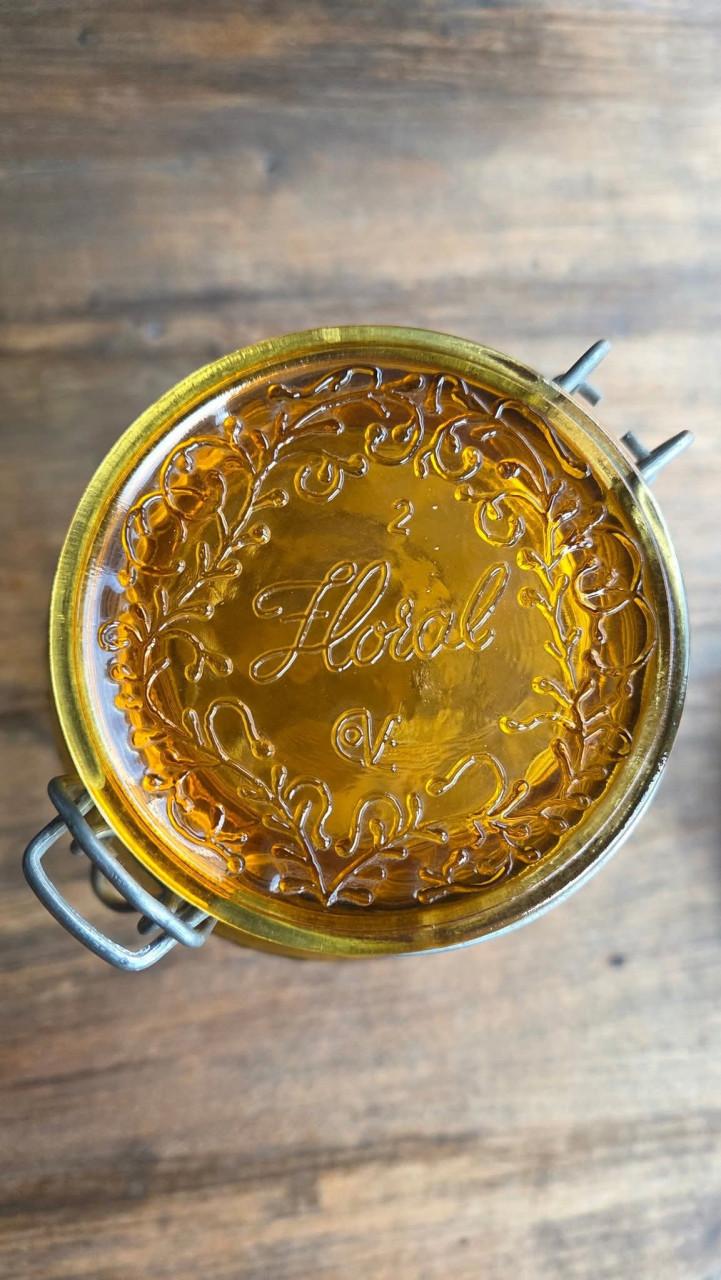 🤩 Prachtig bewerkte Vintage Amber-kleur glazen pot