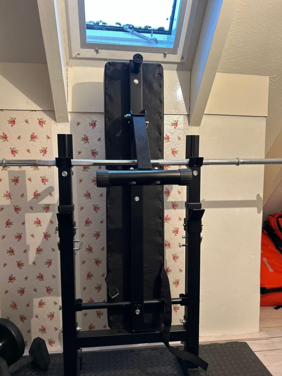 Halterbank met haltergewichten, rubber tegels en magnesium