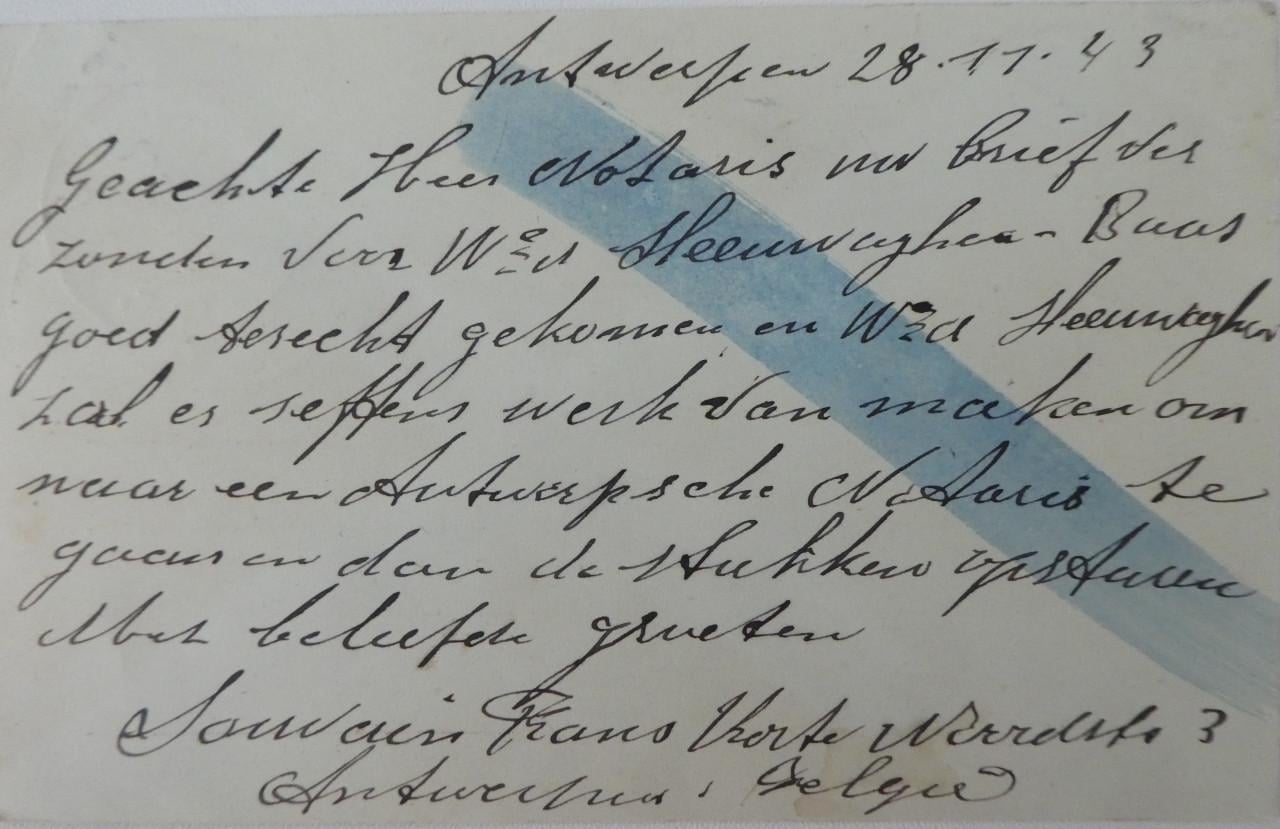 Briefkaart. 1943, Antwerpen – Sluis, gecensuurd