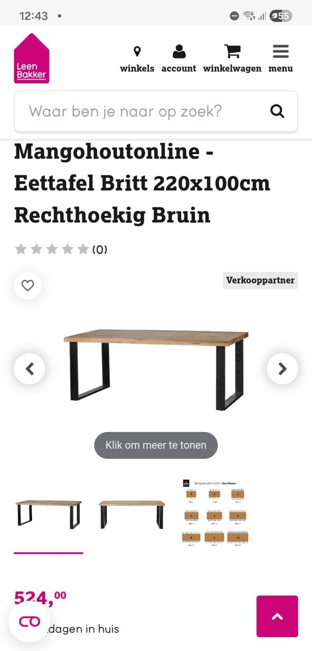 Eettafel inclusief 6 stoelen.