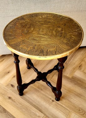 Antieke Tafel Brocante Bijzettafel Hout Met Koperen Blad Rond
