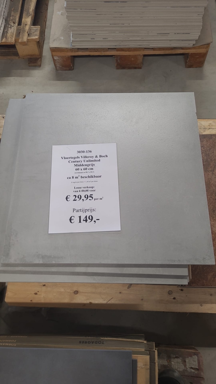 3030-136 ca 8 m² Villeroy & Boch tegels, 60x60 cm, grijs, van € 479,60 voor