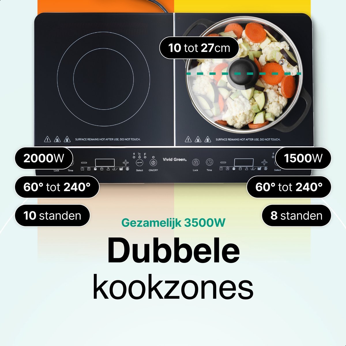 Inductie Kookplaat Vrijstaand 3500W 2 Kookzones 10 standen Vivid Green