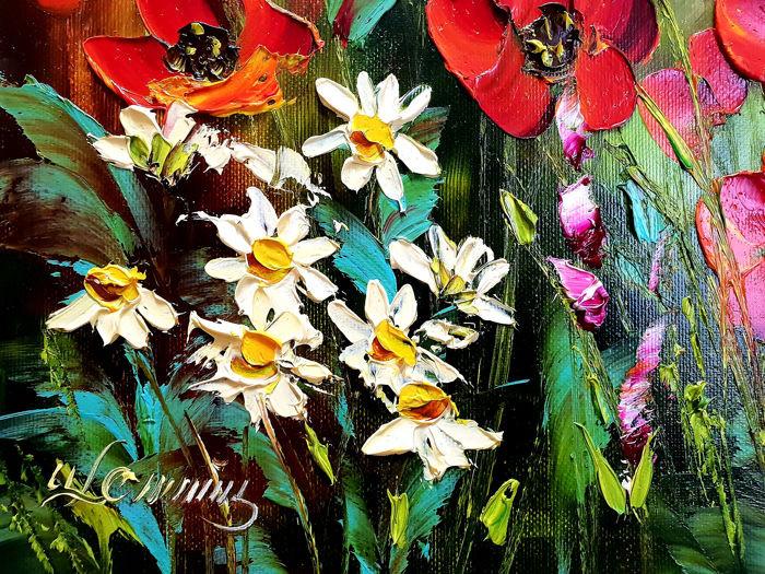 " Flowers in the Meadow "Prachtig Olieverfschilderij van Urszula Lemańska