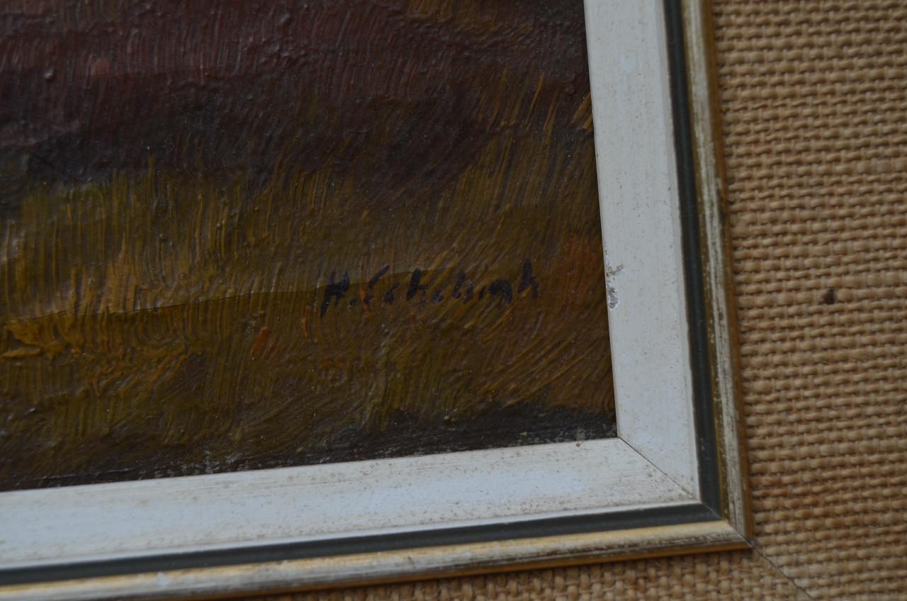 Olie op doek boerderijtje in landschap 19e eeuws.