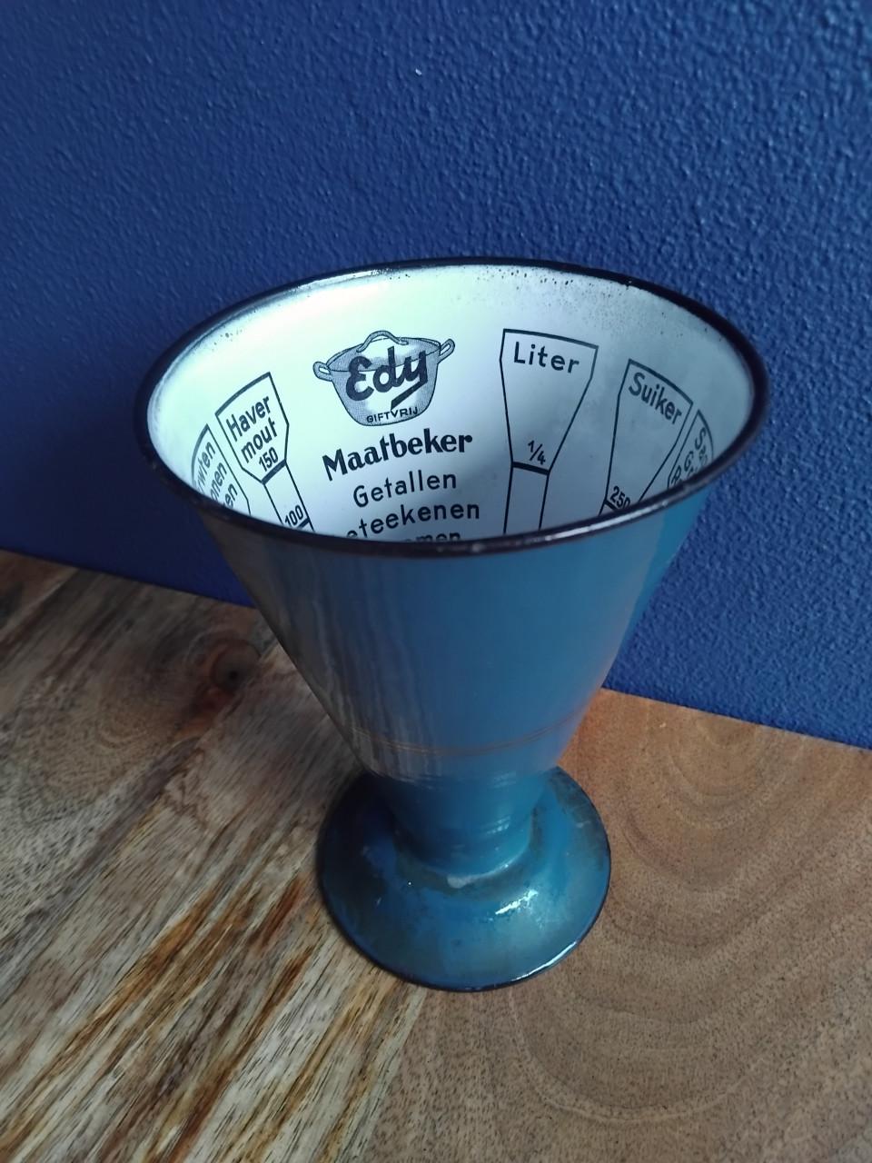 Emaille Vintage Edy Maatbeker Petrolblauw Goud
