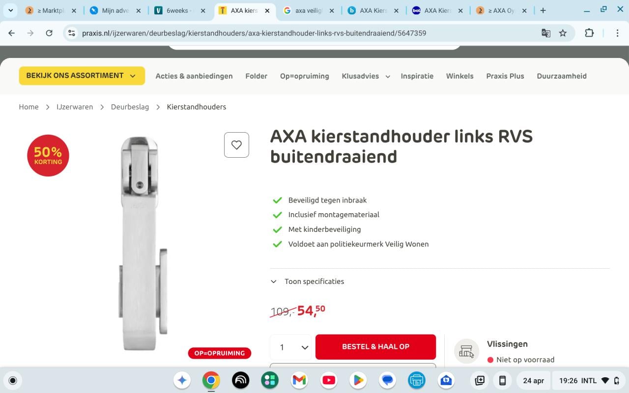 AXA Kierstandhouder (type EX) Geborsteld RVS: deuren/ramen