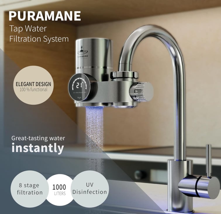 Puramane waterfilter voor op de kraan met 2 extra filters.