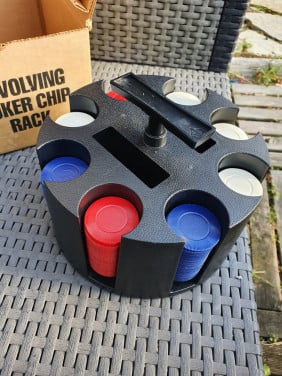 Mid Century Wooden Poker Chip Holder met Poker Chips in doos...