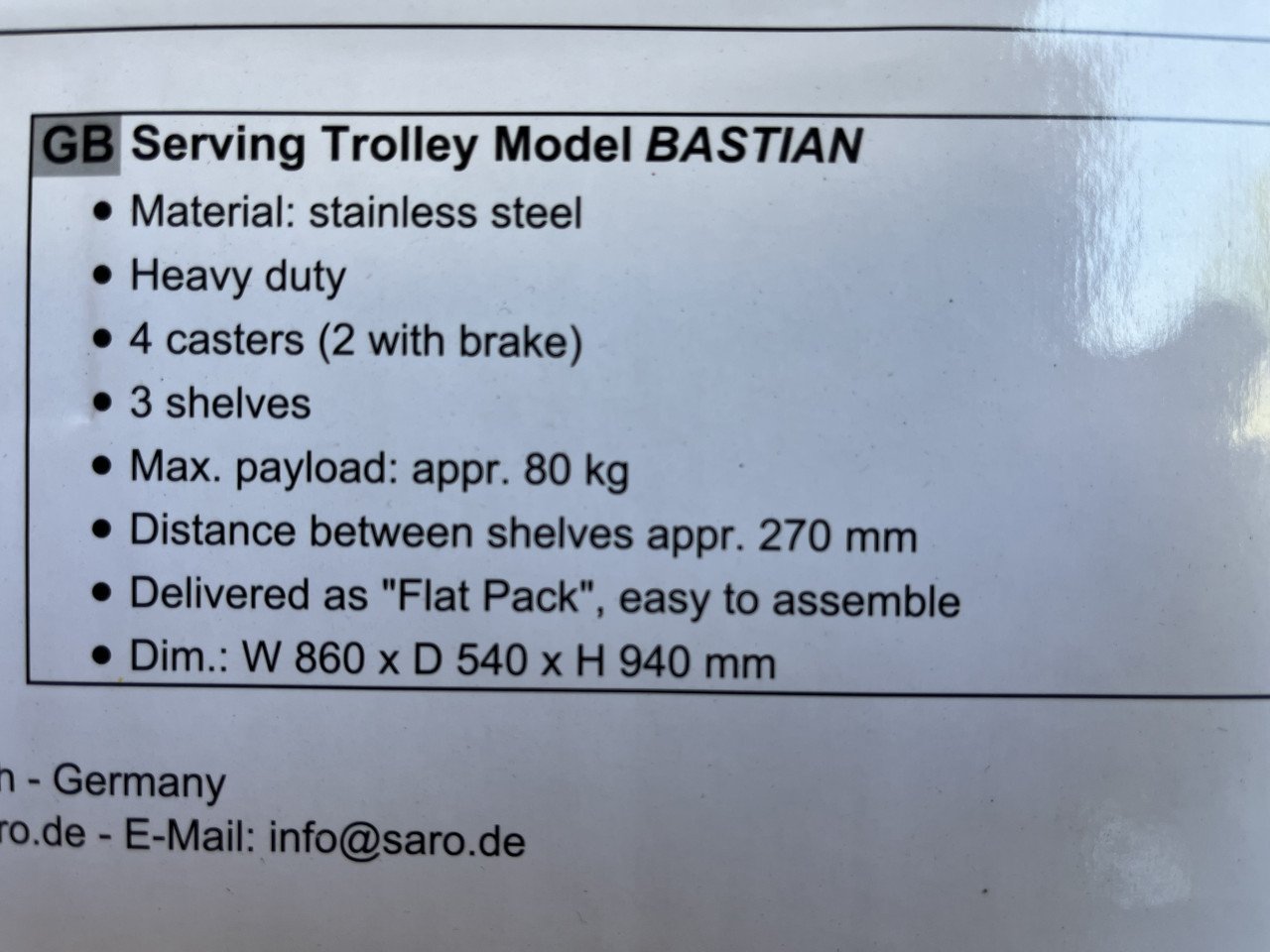 Te koop of te huur: SARO serveerwagen trollymodel 3-laags heavy-duty 80kg