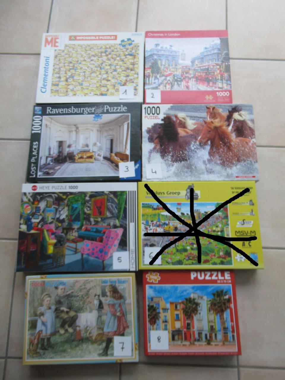 7 verschillende volledige leuke puzzels van 1000 stukjes, zo goed als nieuw