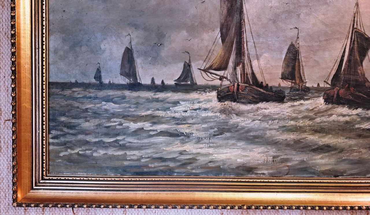 Prachtig schilderij vissersboten botters op weg naar het strand