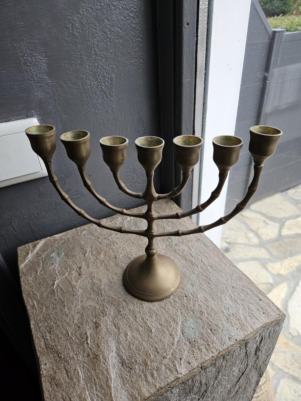 Prachtige antieke bronzen Joodse menorah, 7 armige kandelaar