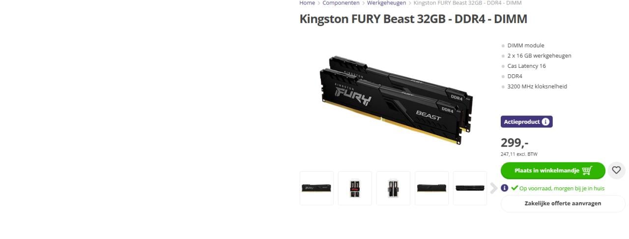 ZGAN Kingston DDR4 FURY Beast 2X16GB Totaal 32 GB 3200Mhz