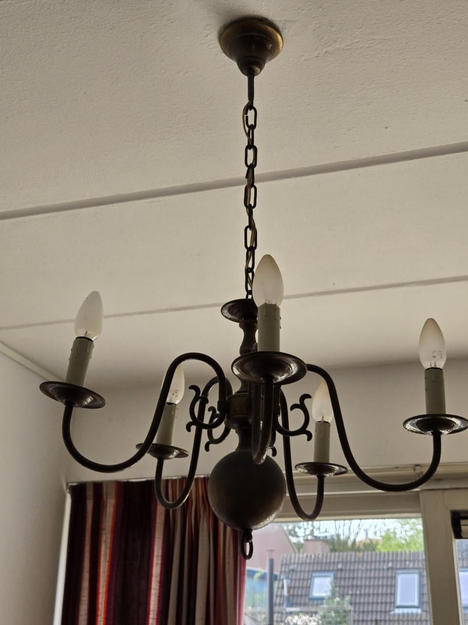 Antieke messing bolkroonluchter 5 arms