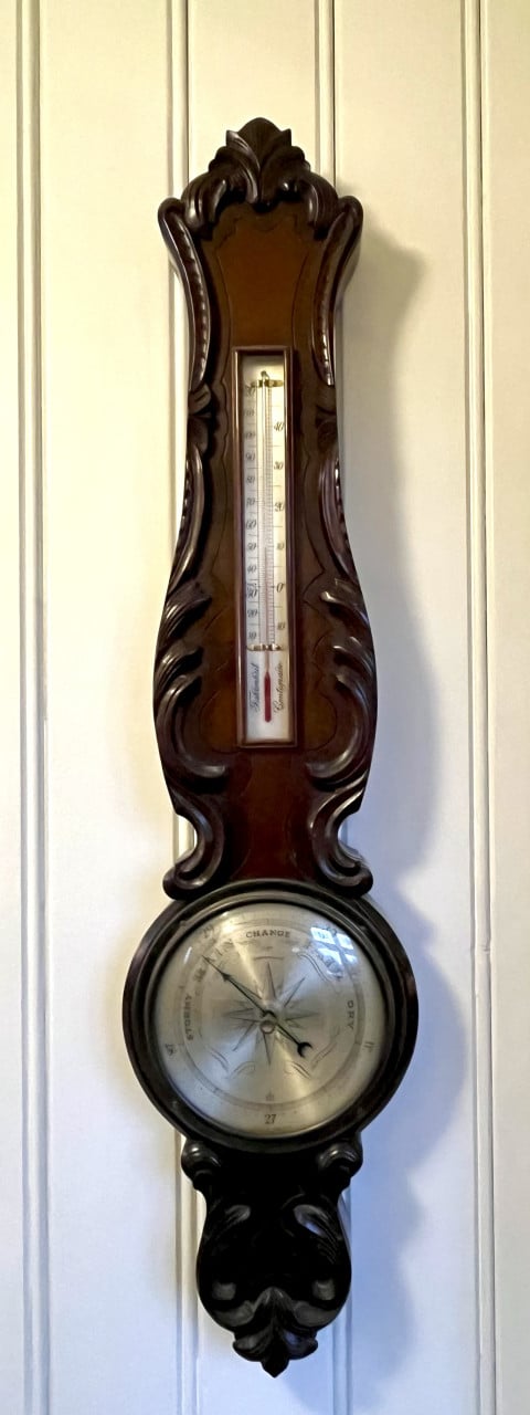 Antieke Engelse mahoniehouten barometer met kwikthermometer