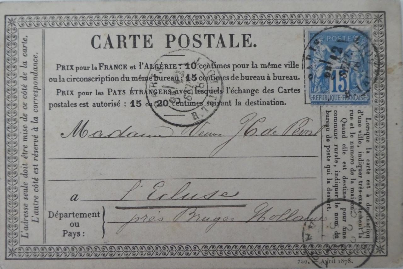 Briefkaart, 1878, Parijs – Sluis