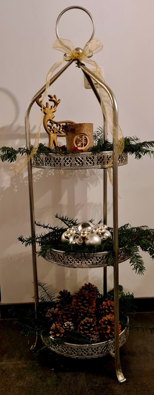 Grote vintage etagère 3-laags zilverkleurig, 128 cm hoog  ø37 cm