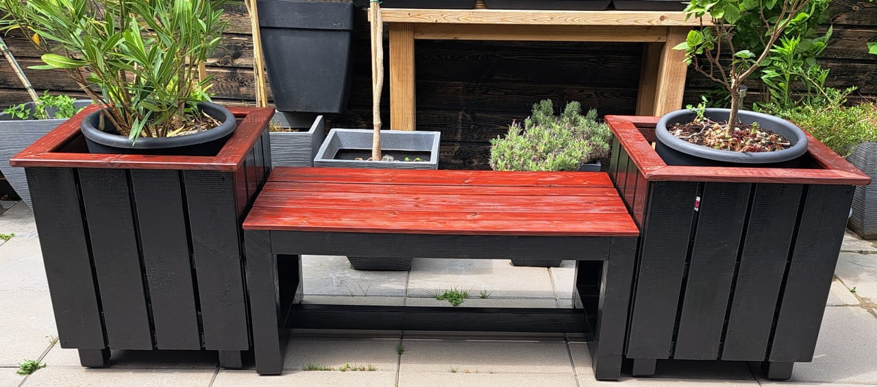 🌞Mooie, stevige tuinbank incl. 2 plantenbakken - strak design🌞