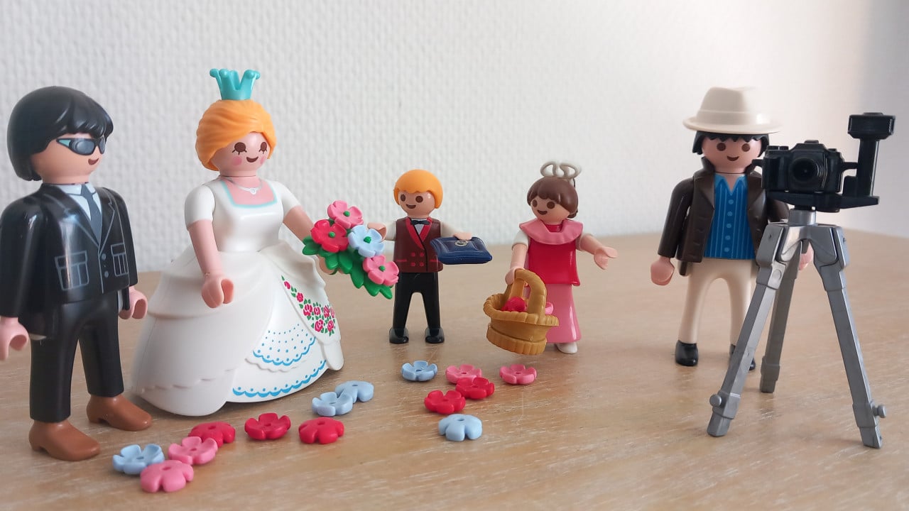 Playmobil bruidpaar, bruidskinderen en fotograaf