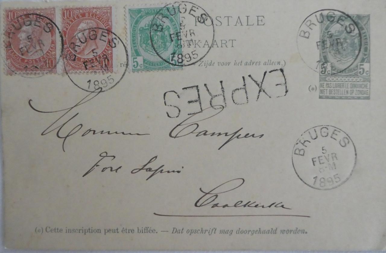 Briefkaart, 1895, EXPRES Brugge – Coolkerke (België)
