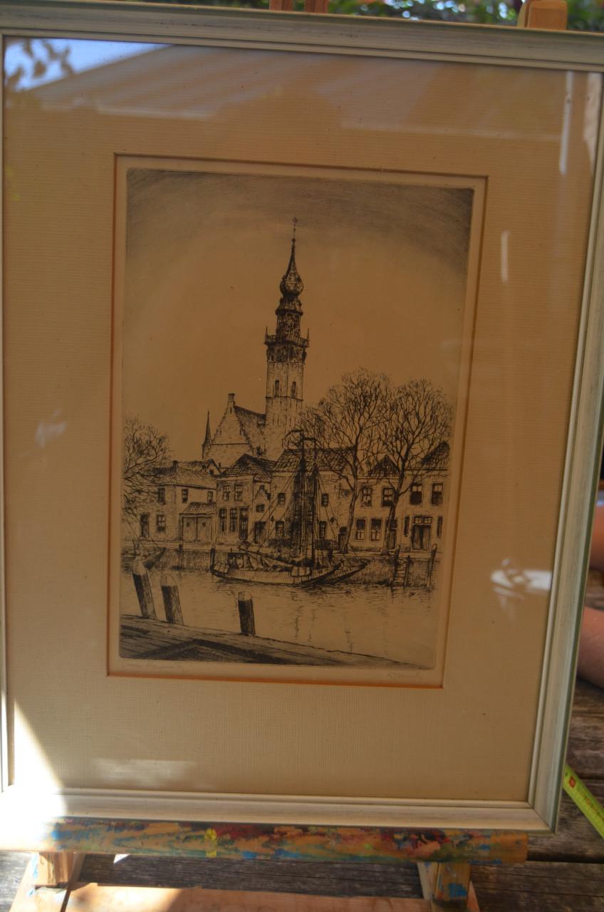 Ets Haven en stadhuis Veere gesigneerd.