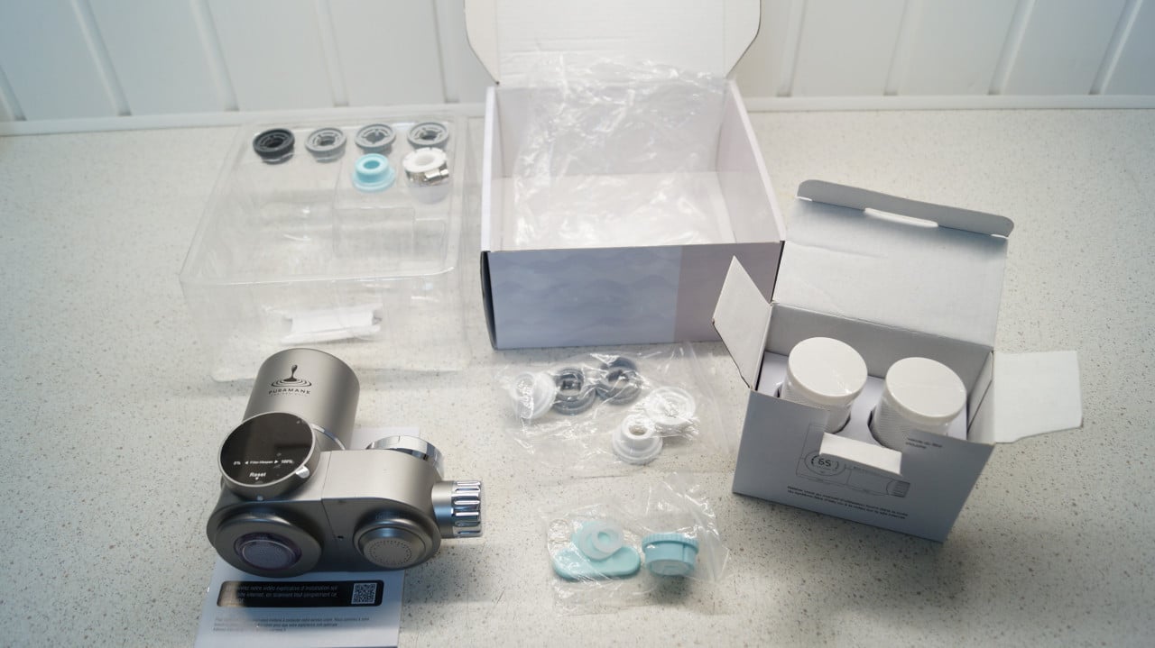Puramane waterfilter voor op de kraan met 2 extra filters.