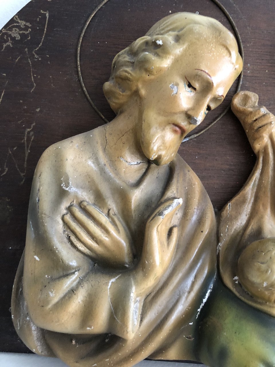 Zeer mooi oud brocante heilig familie wandbeeld van gips