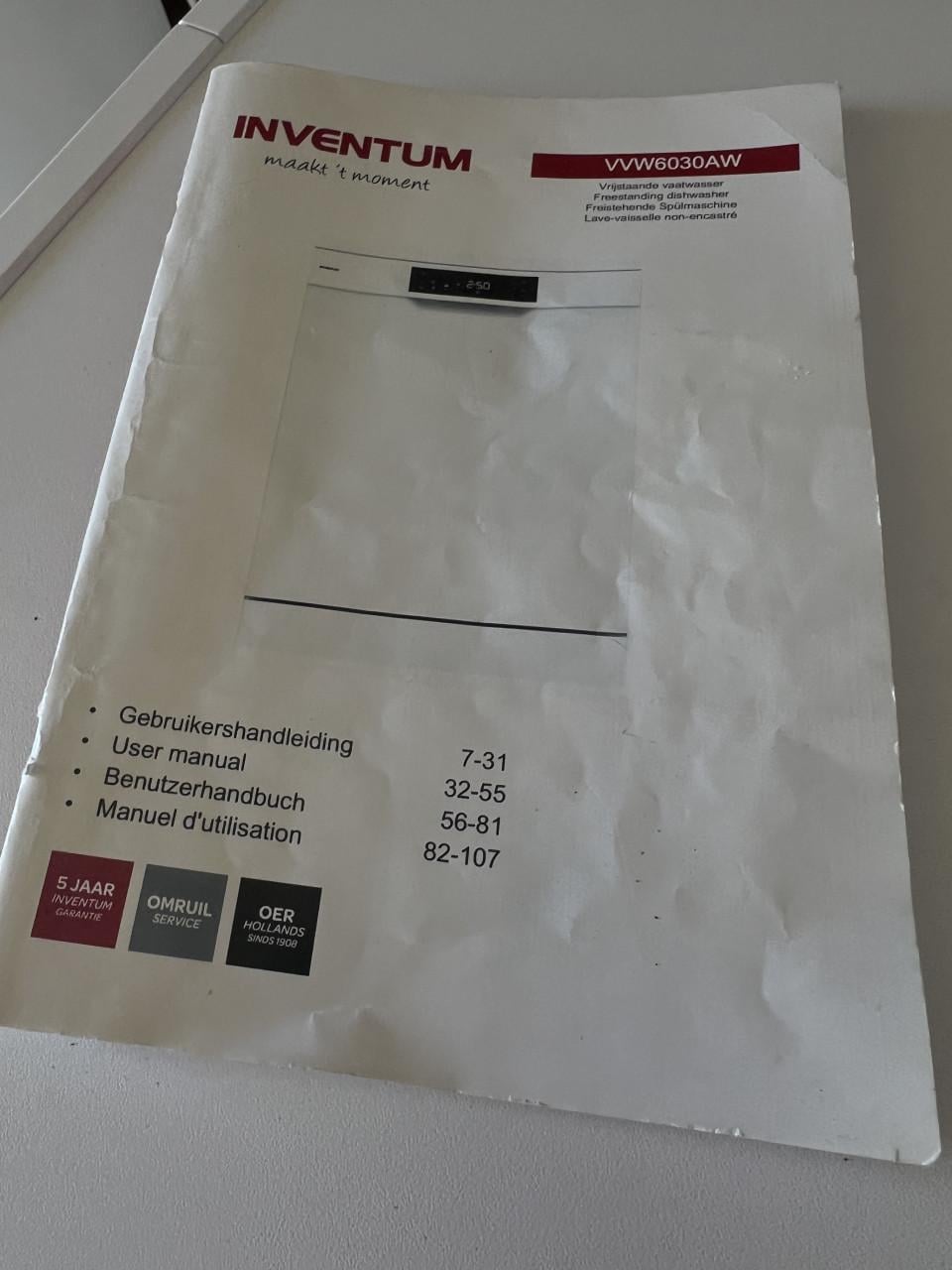 INVENTUM VVW6030AW vrijstaand Vaatwasser 85x60 cm. 85x60 cm.