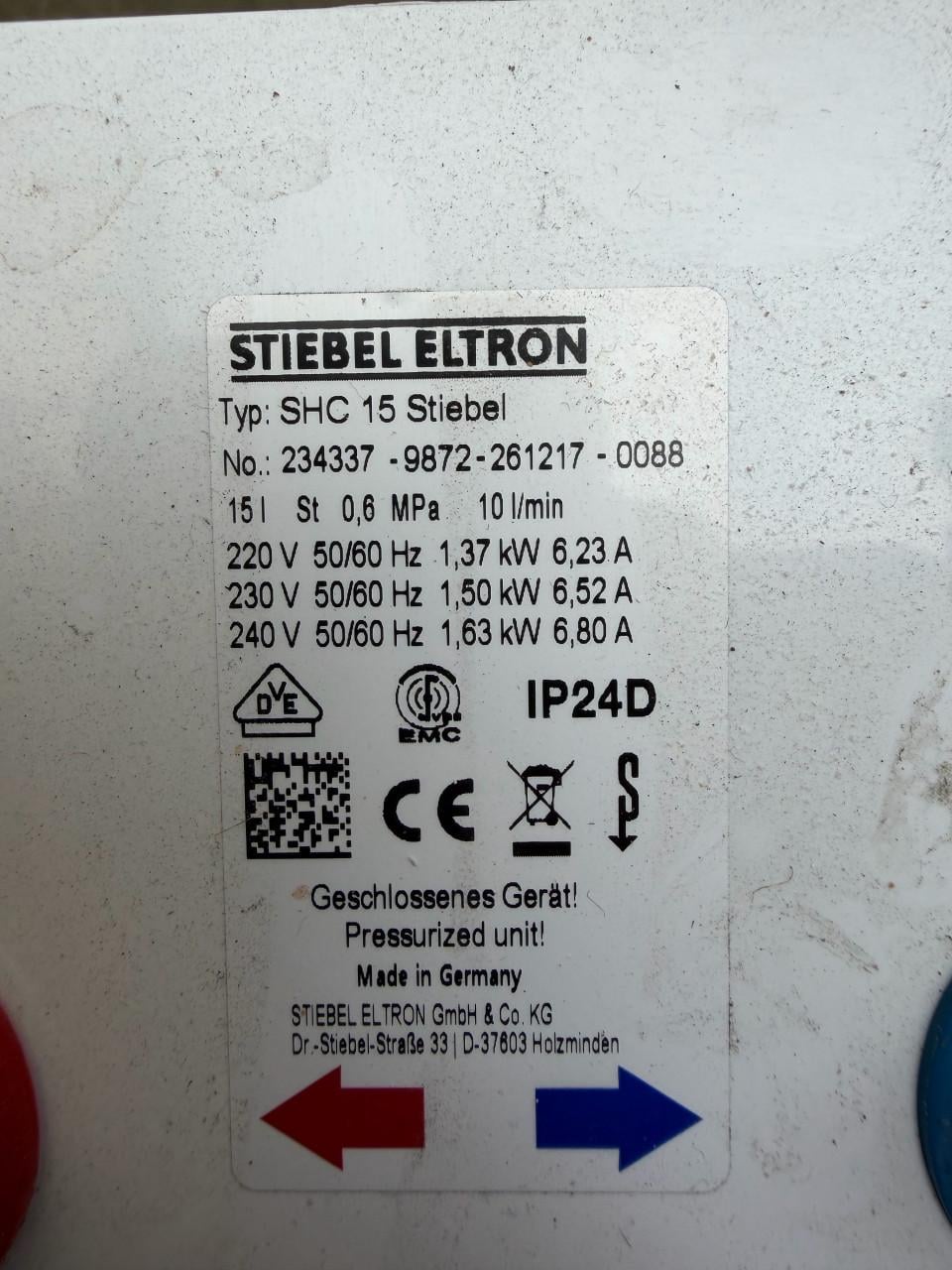 Stiebel Eltron boiler 15 liter