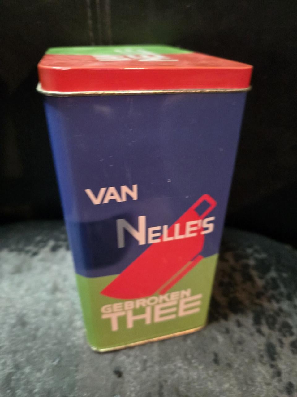 Vintage Van Nelle blik voor koffie en thee, He: 15,5cm. L: 12 cm. B: 8 cm.