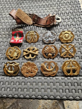 Mooi lotje antieke baret emblemen en een leren riem....