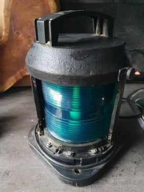 Mooie antieke grote scheepslamp van glas en ijzer, made in germany..