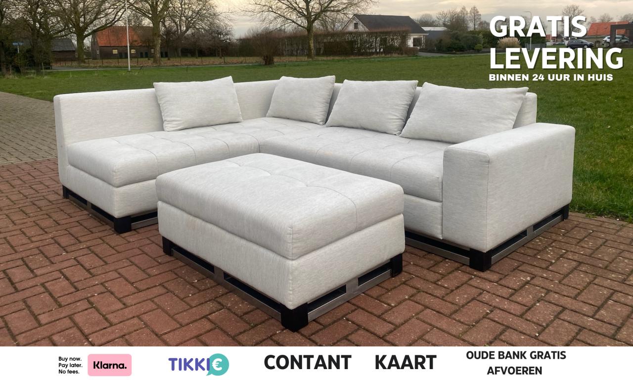 Grijze Stoffen Hoekbank met Hocker – Ruim Loungecomfort–Gratis Levering NL
