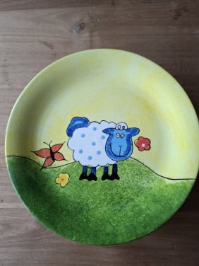 4X ontbijtbord handgeschilderd schaap groen geel