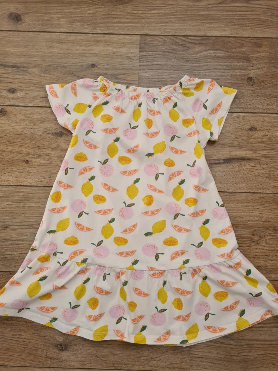 Ecru met roze,gele bloemen jurkje met roezel  Maat 122-128