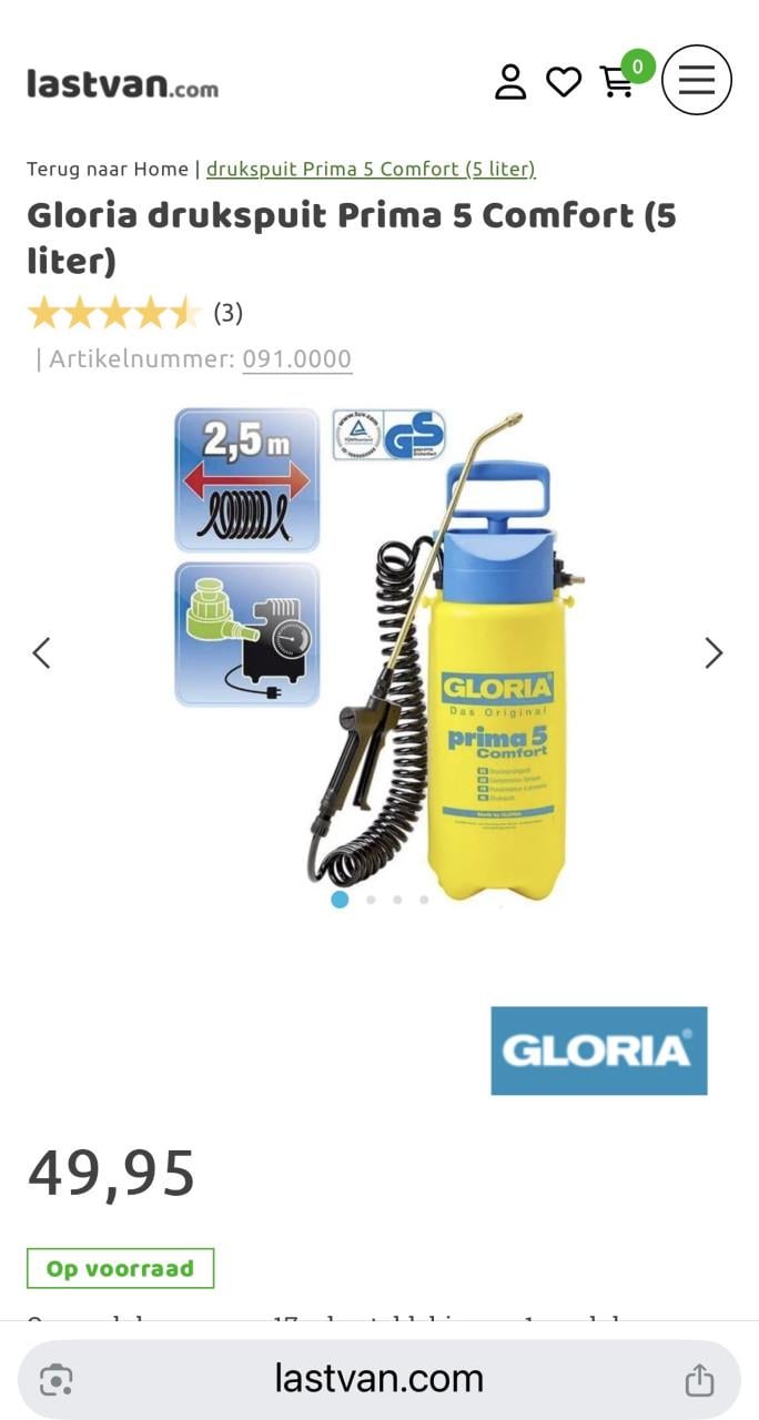Gloria drukspuit Prima 5 Comfort (5 liter) Nieuwprijs €50,-