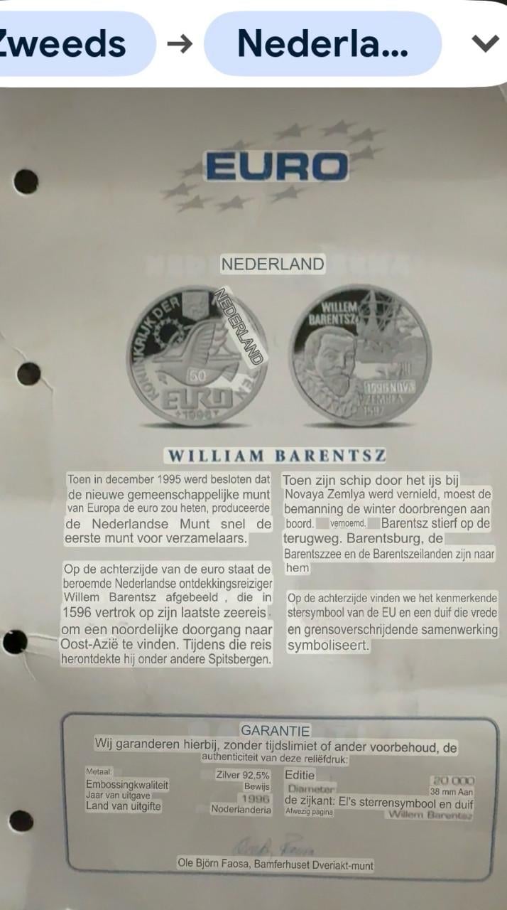 Zilveren 50 Euro munt ter herdenking van Willem Barentsz uit 1996.