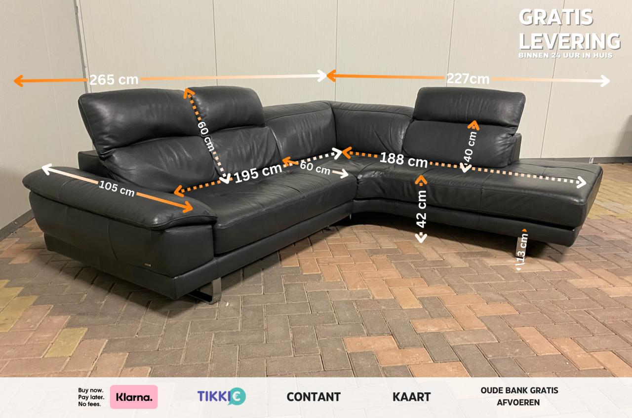 Natuzzi Zwarte  Antraciet Leren Hoekbank – Gratis Levering NL & BE