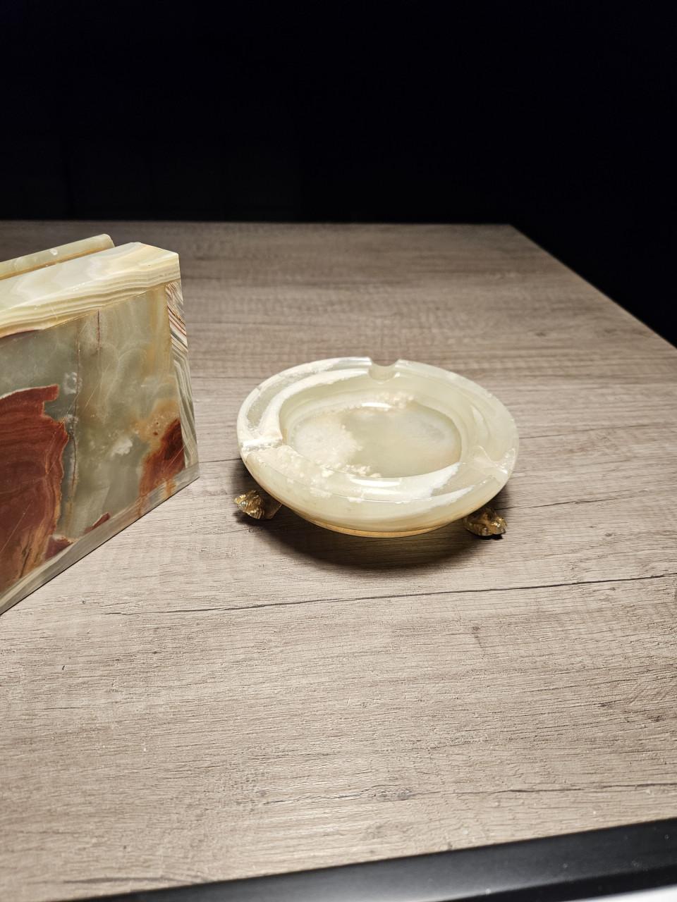 Prachtig italiaanse vintage set marmer/onyx, kistje en asbak