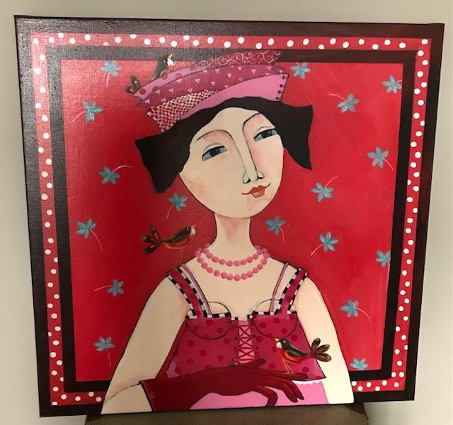 Schilderij "Vogel op mijn hoed" 60 x 60 cm Acryl op linnen