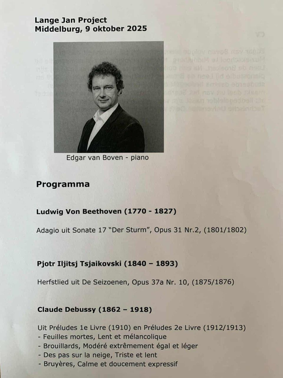 Concert door Zeeuwse pianist Edgar van Boven.