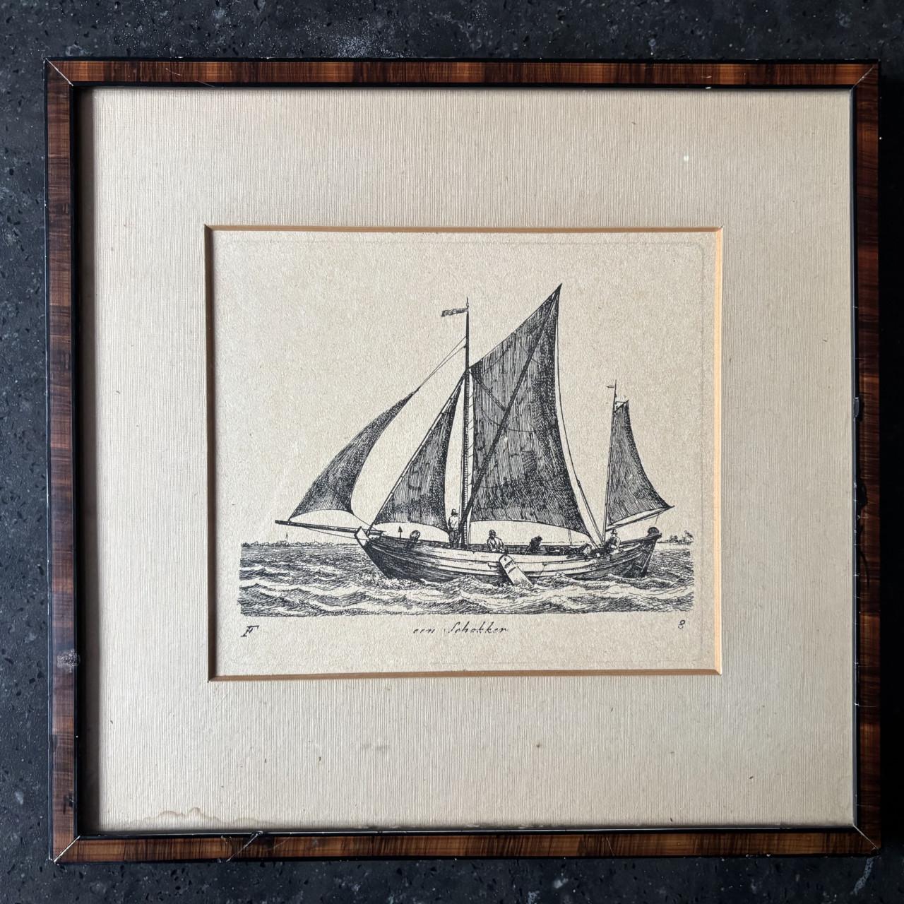 Litho van zeilschepen in lijst