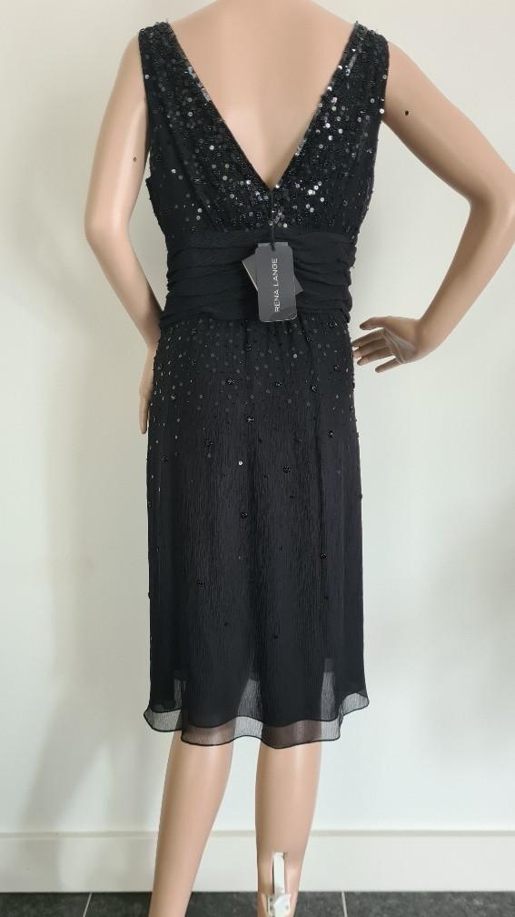 Rena Lange: Nieuw zwart zijde jurkje kraaltjes/pailletjes maat 42