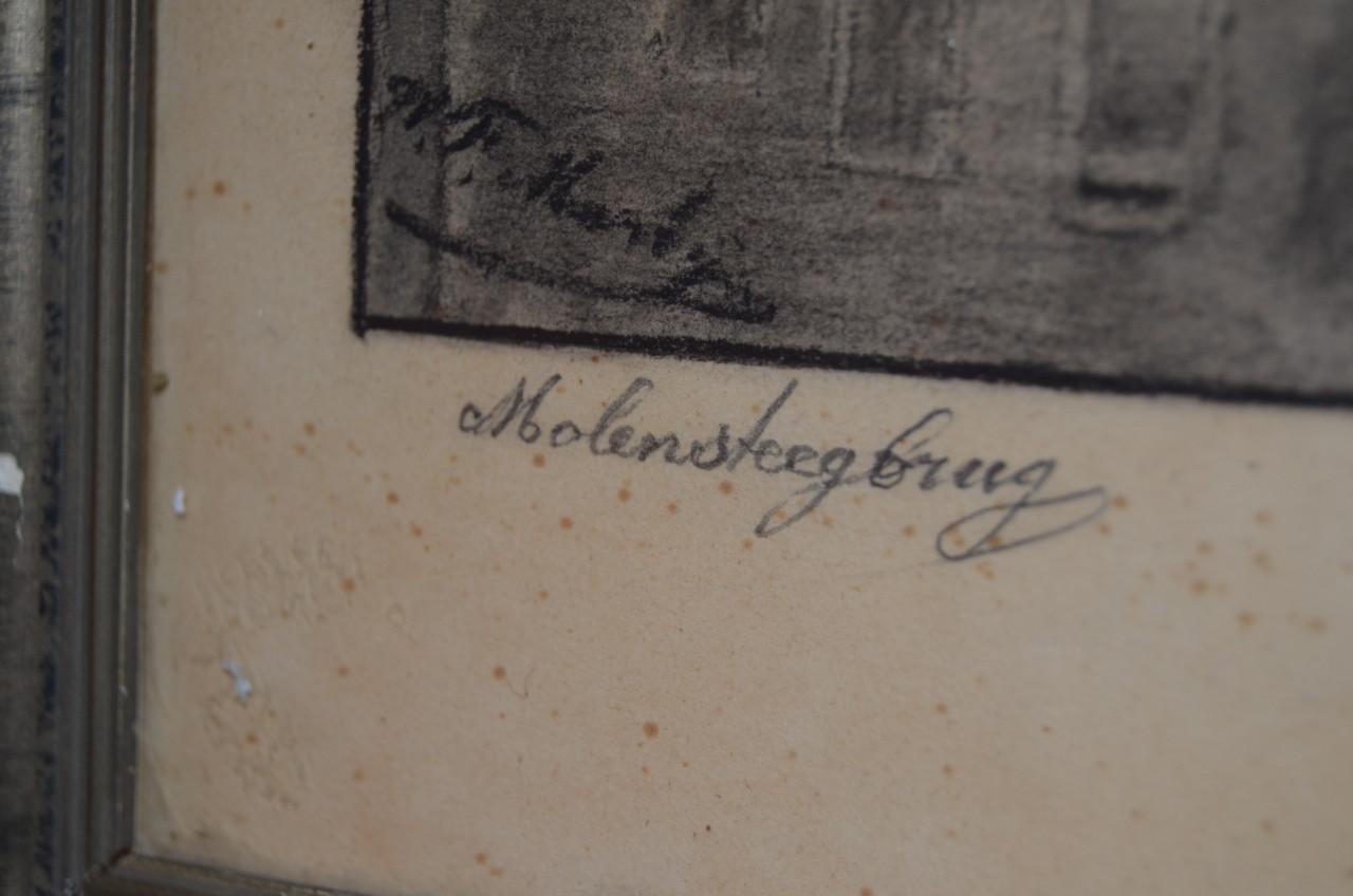 Ets of houtskool Molensteegbrug in Leiden