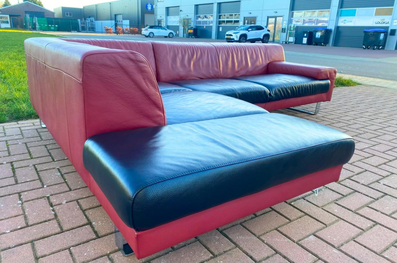 GRATIS LEVERING HEEL NL Montel Hoekbank Van Echt Leer in Rood en Zwart