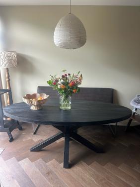 Ovale Eettafel van Mangohout en stalen poot